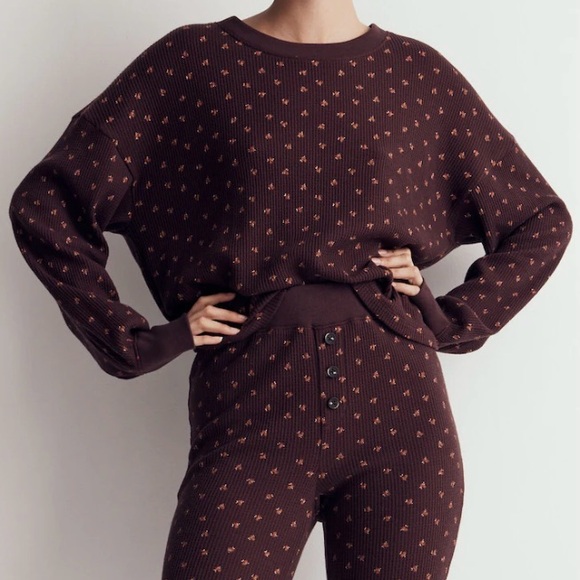Madewell Women’s Waffle Knit Long Pajama Micro Berry Top in Chocolate Raisin, M - Picture 1 of 6